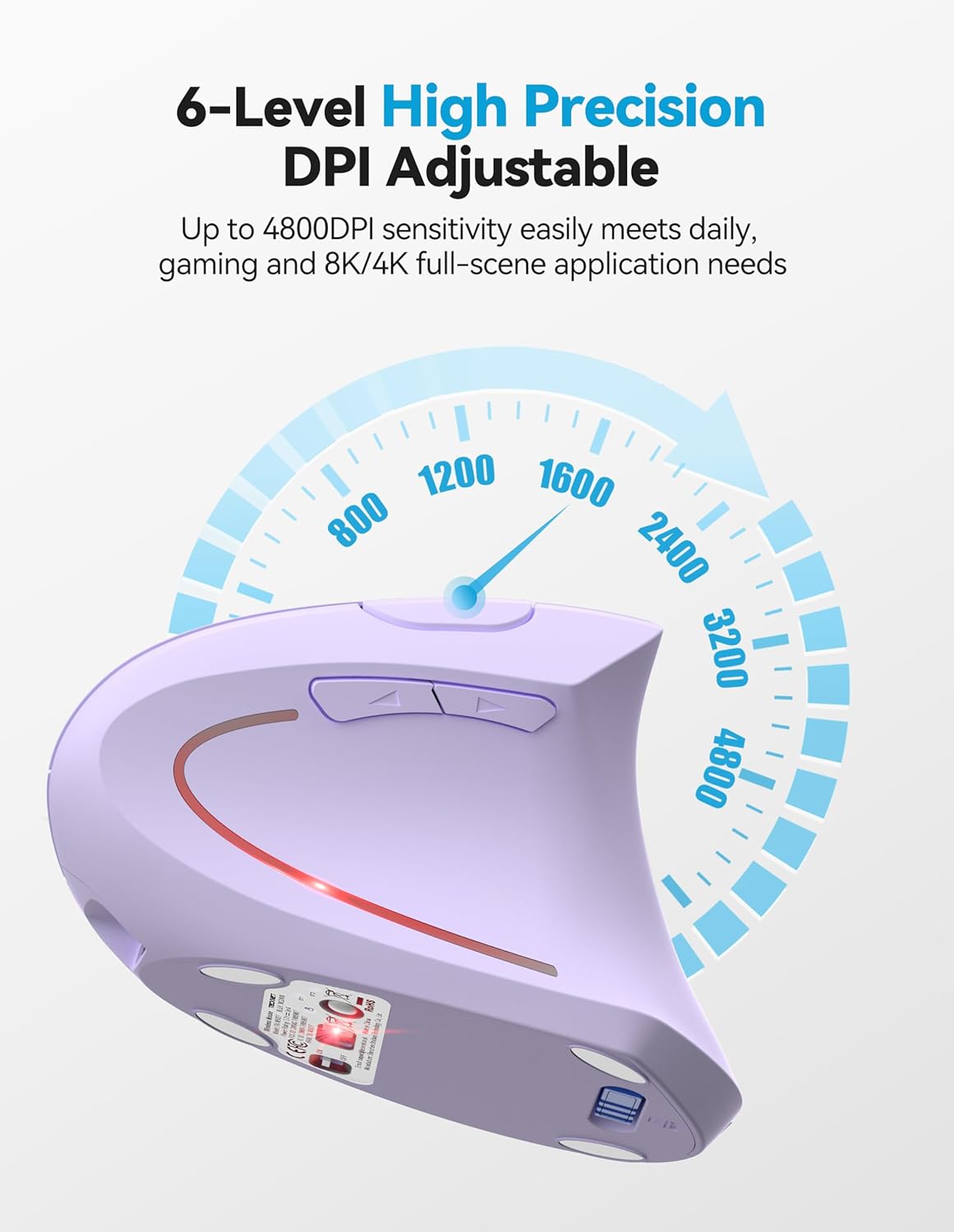 TECKNET Ergonomic Mouse, Rechargeable 2.4G+Bluetooth Vertical Mice 6 DPI Adjustable, Wireless Optical Carpal Tunnel Mouse for Right Hand, Silent 6 Buttons for Laptop, PC, MacBook, iPad - Light Purple