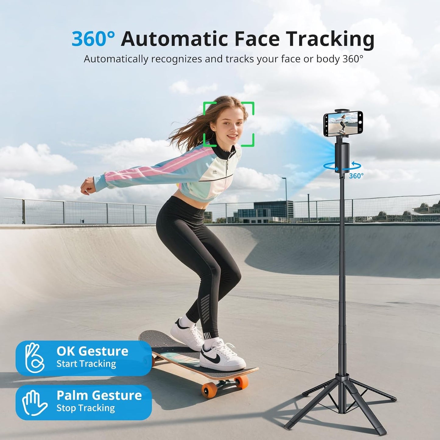 Auto Face Tracking Tripod,67''Phone Tripod for iPhone,360° Rotation Follows Your Movement,Bluetooth Remote,Phone Holder for Vlog,Live Streaming, Video Call,Content Creators.
