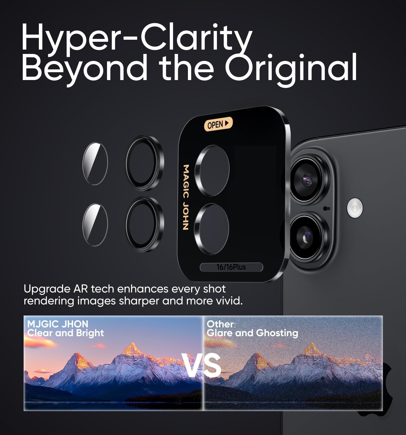 MAGIC JOHN for iPhone 16Plus/16 Camera Lens Protector [Alignment Kit&1:1 Invisible Perfect Fit] 9H Aerospace Tempered Glass Anti-Scratch Durable, Individual Cover Ring, Case Friendly, Set of 2, Black