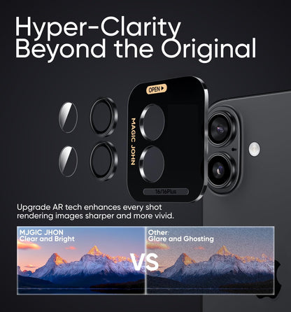 MAGIC JOHN for iPhone 16Plus/16 Camera Lens Protector [Alignment Kit&1:1 Invisible Perfect Fit] 9H Aerospace Tempered Glass Anti-Scratch Durable, Individual Cover Ring, Case Friendly, Set of 2, Black