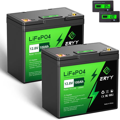 12V 100Ah LiFePO4 Battery - 2 Pack, Rechargeable 12v Lithium Batteries with 100A BMS, VoltMeter, 5000+ Deep Cycle 1.28kWh Higher Energy Density Battery for RV, Boat, Van, TrollingMotor(Mini Size)