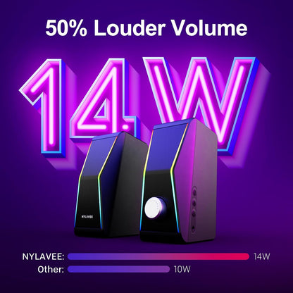 Computer Speakers, Bluetooth 5.0 Hi-Fi Stereo PC Speakers, 4 Dynamic Lighting Modes, AC Adapter Powered and 3.5mm AUX-in Computer Speakers for Desktop PC, Monitor, Laptop, Tablet, Phone