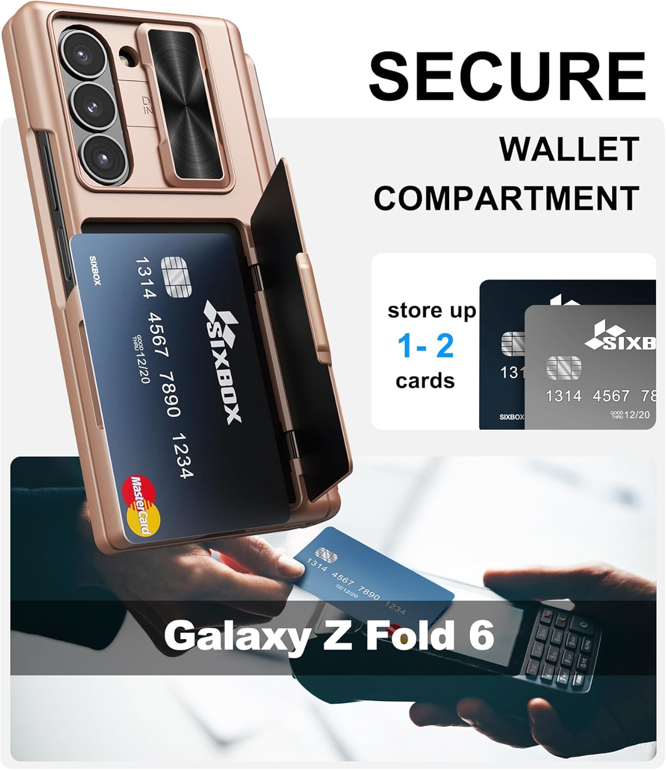 for Samsung Galaxy Z Fold 6 Case with Card Holder & S Pen Holder & Screen Protector & Slide Camera Protection & Hinge Protection, Shockproof Wallet Phone Case for Z Fold 6 5G 2024, Rose Gold