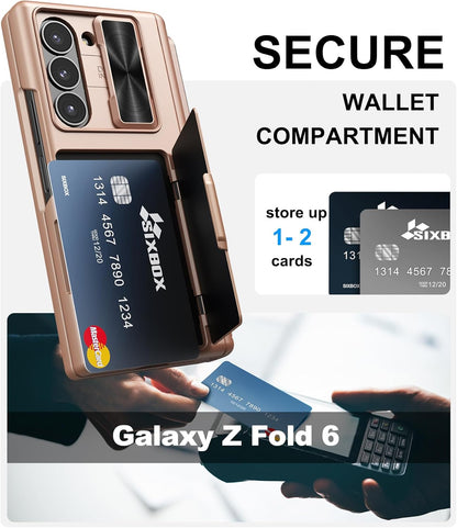 for Samsung Galaxy Z Fold 6 Case with Card Holder & S Pen Holder & Screen Protector & Slide Camera Protection & Hinge Protection, Shockproof Wallet Phone Case for Z Fold 6 5G 2024, Rose Gold