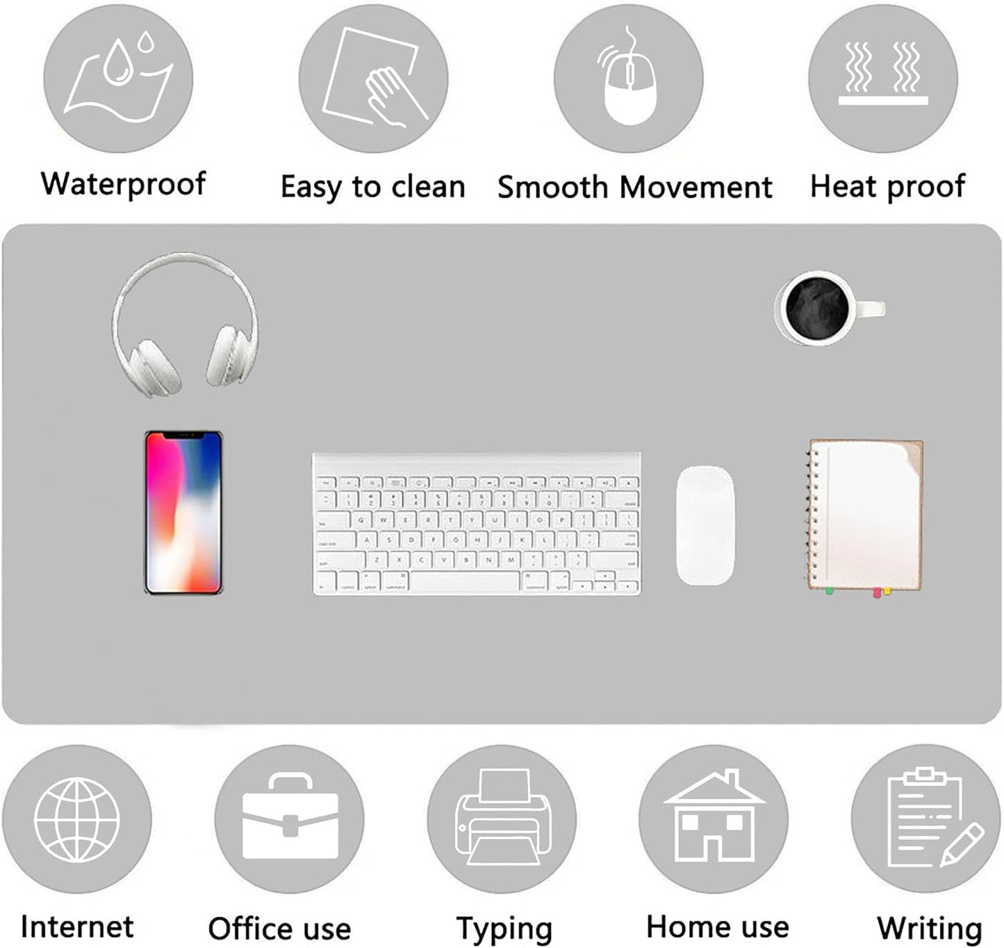 PU Leather Desk Pad Protector Gaming Mouse Pad Non Slip Desk Mat for Keyboard and Mouse Waterproof Desk Writing Pad for Office and Home Desk Accessories(Gray, 31.5 * 15.7)