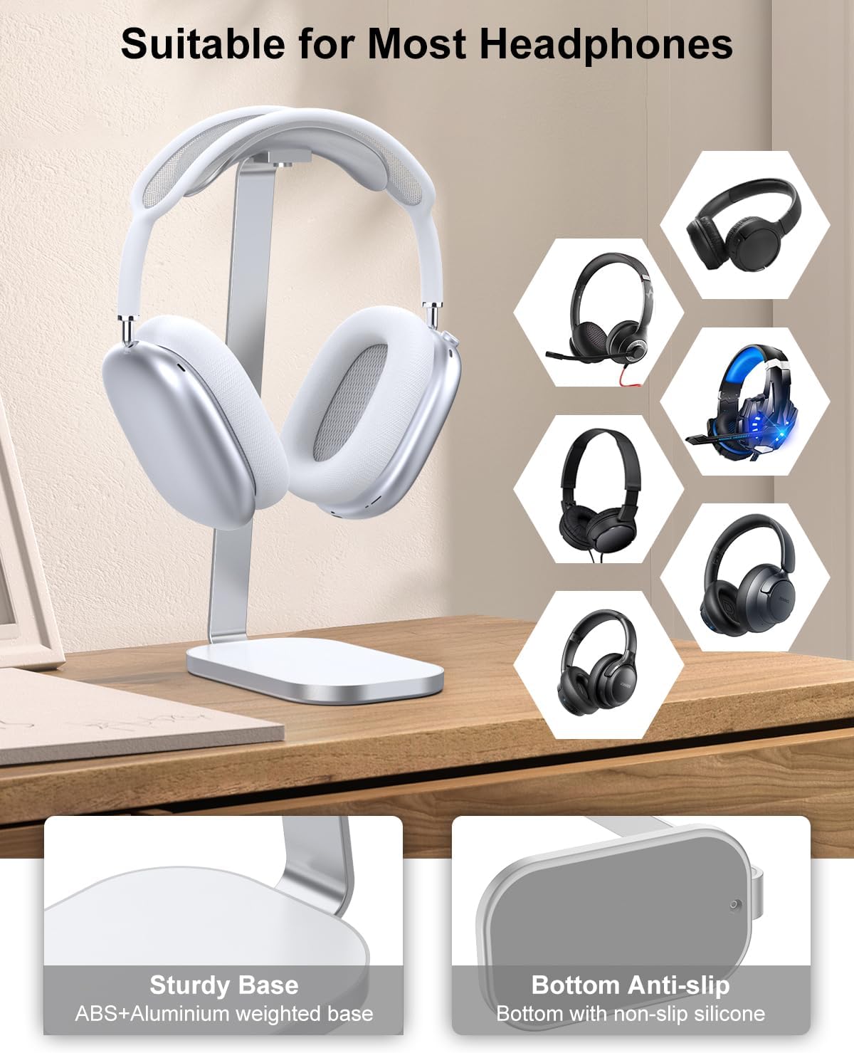 VICHYIE Headphone Stand for AirPods Max, Headset Holder with Aluminum Supporting Rod, Heavy Base Desk Stand Headphones Support Accessory for All Headphones - Silver White