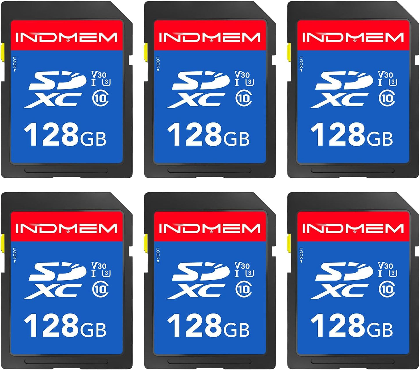 INDMEM SD Card 128GB 6-Pack, Class 10 128GB High Speed up to 90M/S Full HD Video Flash Memory Card MLC Standard Secure Digital Cards Camera Cards