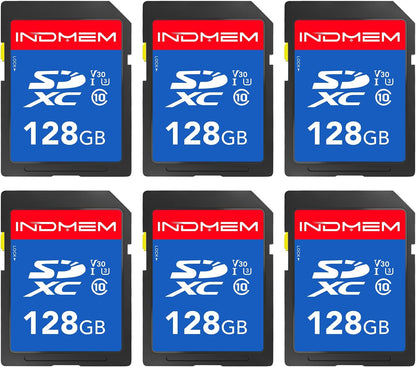 INDMEM SD Card 128GB 6-Pack, Class 10 128GB High Speed up to 90M/S Full HD Video Flash Memory Card MLC Standard Secure Digital Cards Camera Cards