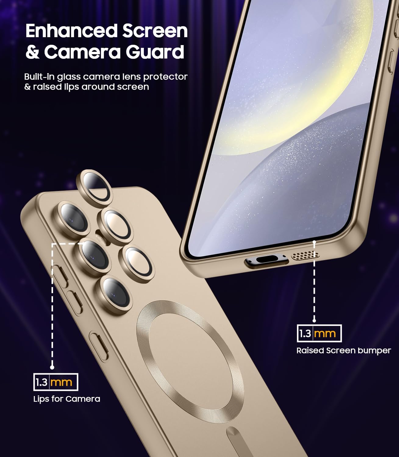 Magnetic for Samsung Galaxy S24 Plus Case [Compatible with MagSafe][Built-in Camera Lens Protector] Slim Soft Silicone Bumper Shockproof Metallic Luster Phone Case (Gold)