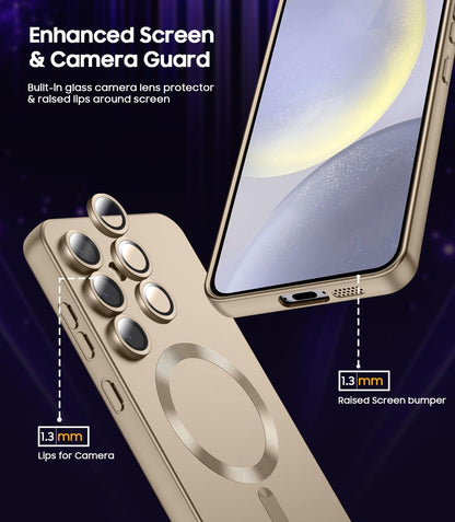 Magnetic for Samsung Galaxy S24 Plus Case [Compatible with MagSafe][Built-in Camera Lens Protector] Slim Soft Silicone Bumper Shockproof Metallic Luster Phone Case (Gold)