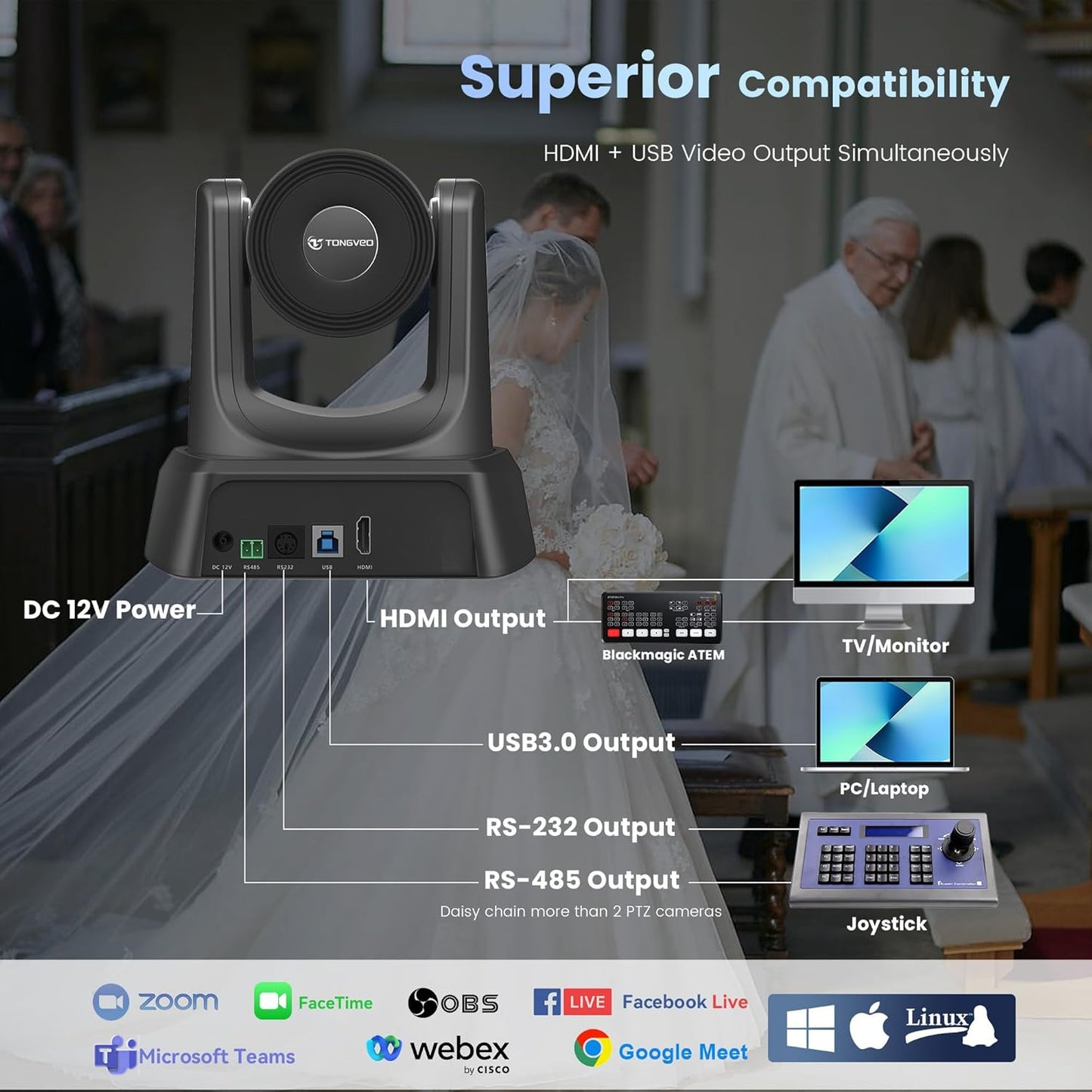 PTZ Camera HDMI/USB 10X Optical Zoom 60fps 1080P Video Conference Camera for Church Worship Live Streaming Meeting Online Learn with Zoom YouTube OBS and More