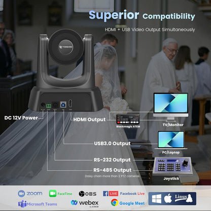 PTZ Camera HDMI/USB 10X Optical Zoom 60fps 1080P Video Conference Camera for Church Worship Live Streaming Meeting Online Learn with Zoom YouTube OBS and More