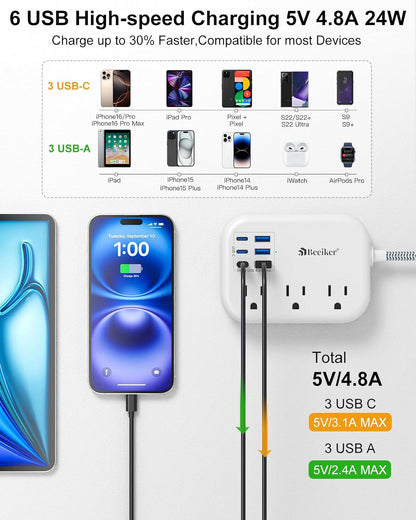 Short Extension Cord 2 Foot- 6 USB(3 USB C) Travel Power Strip with 24W USB Charging Station and 3 Outlets, 2ft Small Flat Plug Extension Cord Surge Protector for Travel Home College Dorm 13A