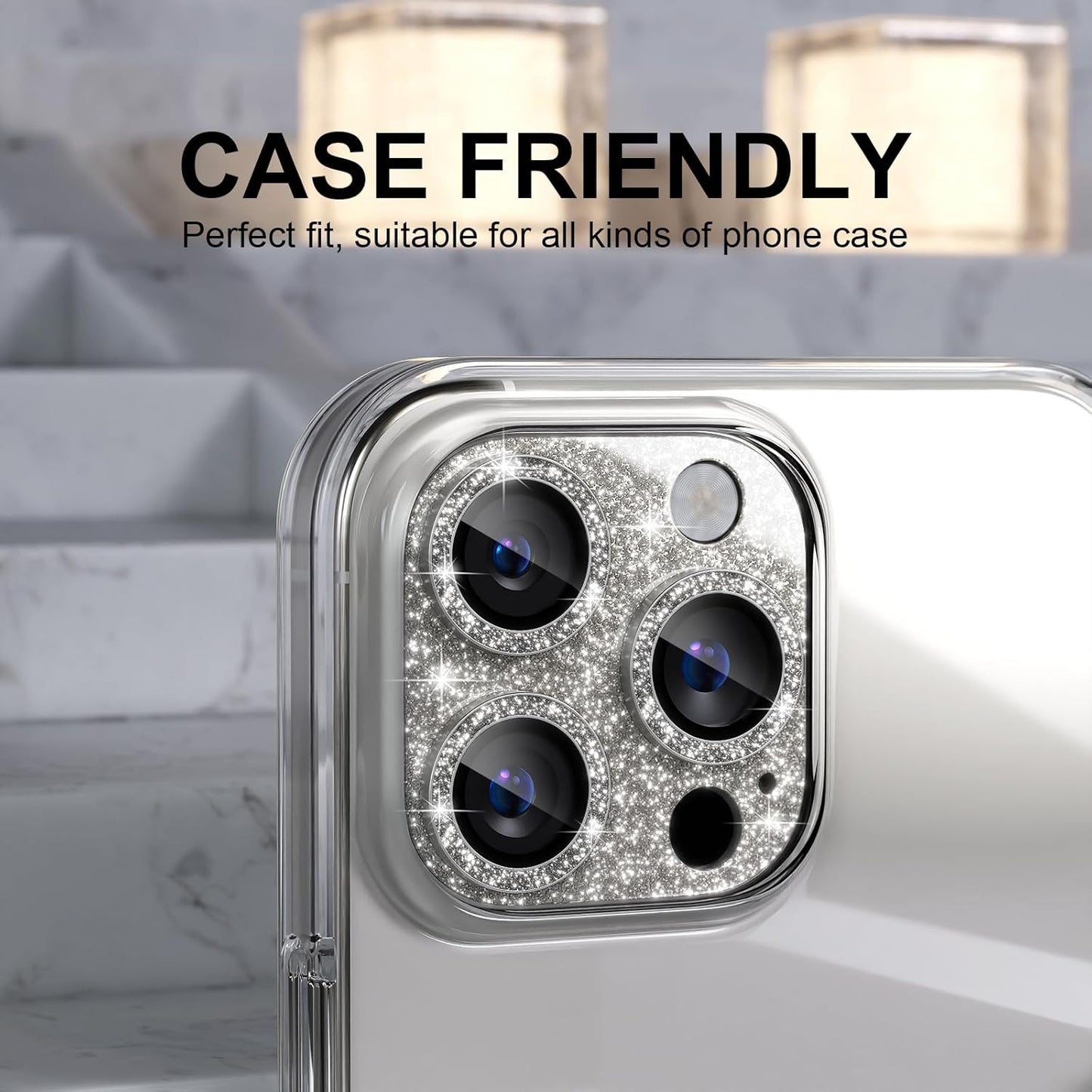 Choiche Compatible for iPhone 16 Pro/iPhone 16 Pro Max Camera Lens Protector, Bling Camera Cover with 9H Tempered Glass Lens Screen Protector Metal Ring Accessories (Glitter-Titanium Natural)