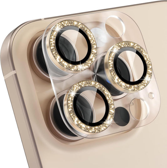 Choiche Compatible for iPhone 16 Pro/iPhone 16 Pro Max Camera Lens Protector, Bling Camera Cover with 9H Tempered Glass Lens Screen Protector Metal Ring Decoration Accessories (Clear-Titanium Desert)