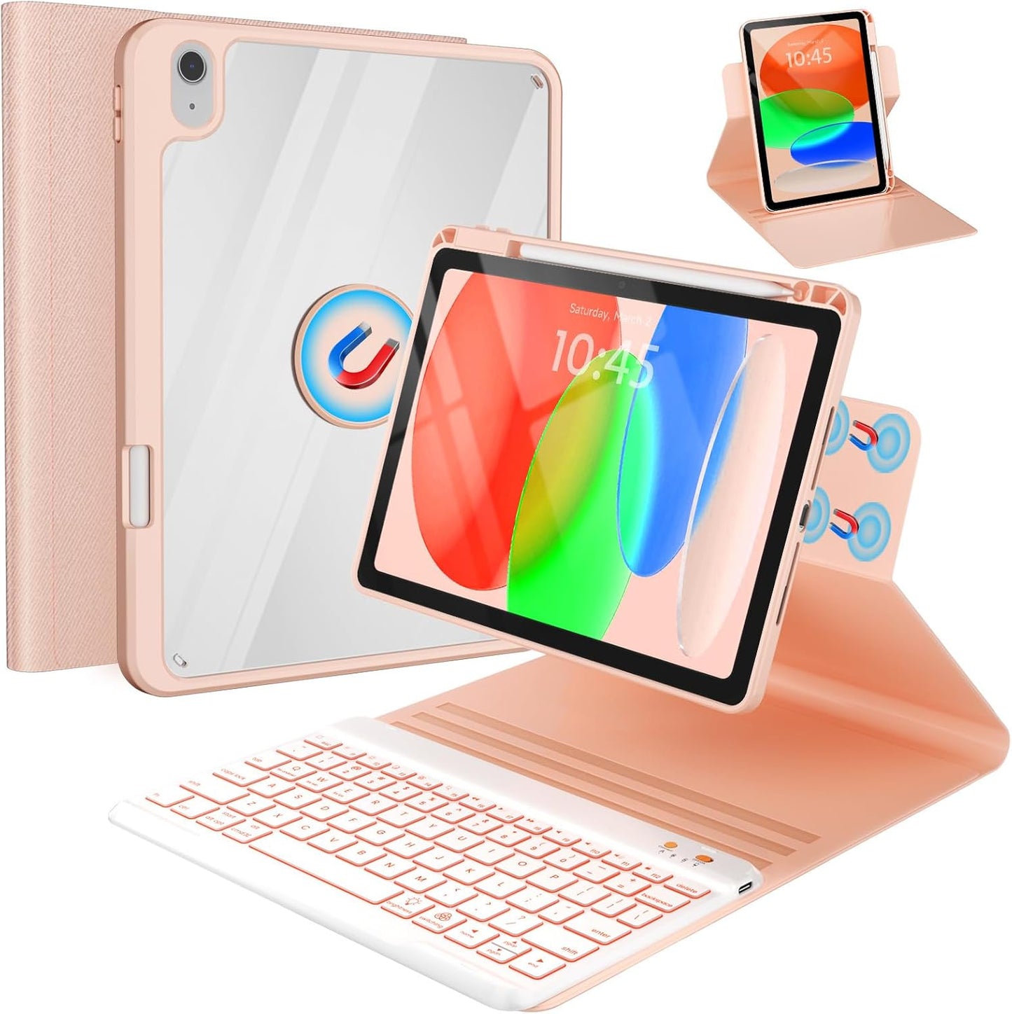 BLUTLOTUS for iPad 11th (A16) 10th Generation Case with Keyboard (2025/2022) - 360° Rotatable Magnetic Folio Cover, 7 Color Backlit Detachable Keyboard with Pencil Holder (Rose Gold)