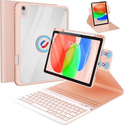 BLUTLOTUS for iPad 11th (A16) 10th Generation Case with Keyboard (2025/2022) - 360° Rotatable Magnetic Folio Cover, 7 Color Backlit Detachable Keyboard with Pencil Holder (Rose Gold)