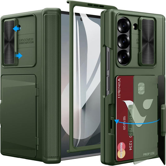 Vihibii for Samsung Galaxy Z Fold 6 Wallet Case with Card Holder & Camera Lens Cover & Hinge Protection & Front Screen Protector, Heavy Duty Rugged Phone Case for Samsung Galaxy Z Fold 6 5G, Green