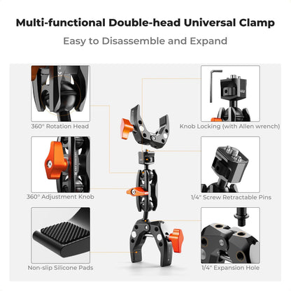 K&F CONCEPT Double Super Clamp Camera Mount with 1/4" Threads Metal Clamp for Chair, Pole, Tripod, Desk, Flag, Umbrella, Motorcycle Mount