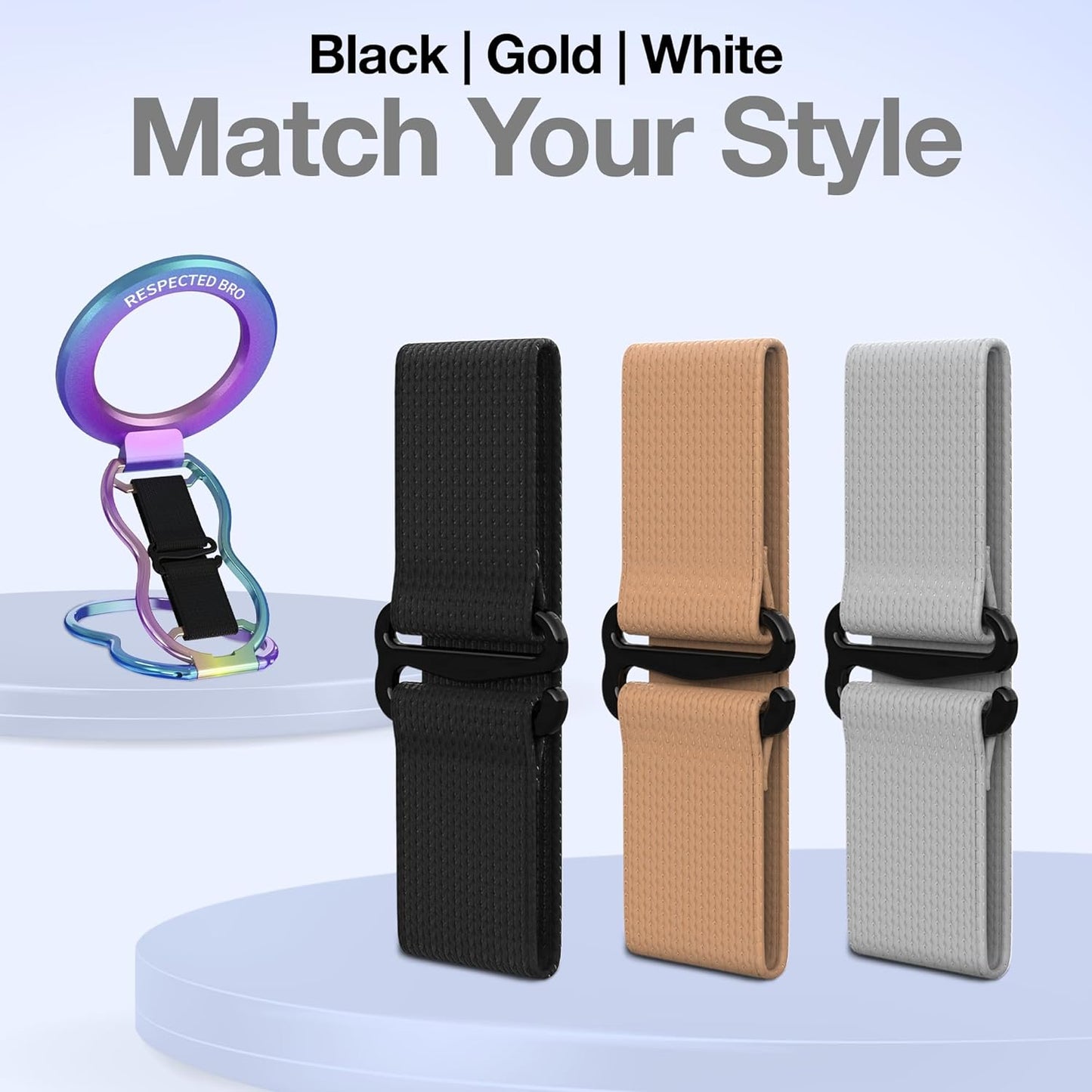 RESPECTED-BRO-Magnetic-Phone-Grip-Stand-with-Finger-Strap, 4-in-1 Magnetic Ring Holder, Kickstand and Elastic Strap for Smartphones, Universal Fit for iPhone, Android, and Cases (Black Elastic Strap)