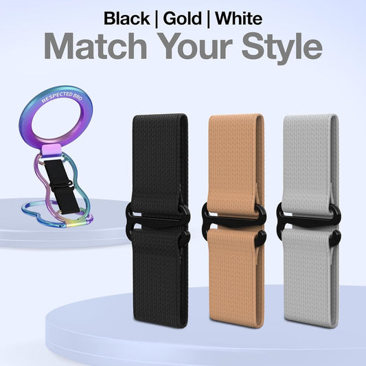 RESPECTED-BRO-Magnetic-Phone-Grip-Stand-with-Finger-Strap, 4-in-1 Magnetic Ring Holder, Kickstand and Elastic Strap for Smartphones, Universal Fit for iPhone, Android, and Cases (Black Elastic Strap)