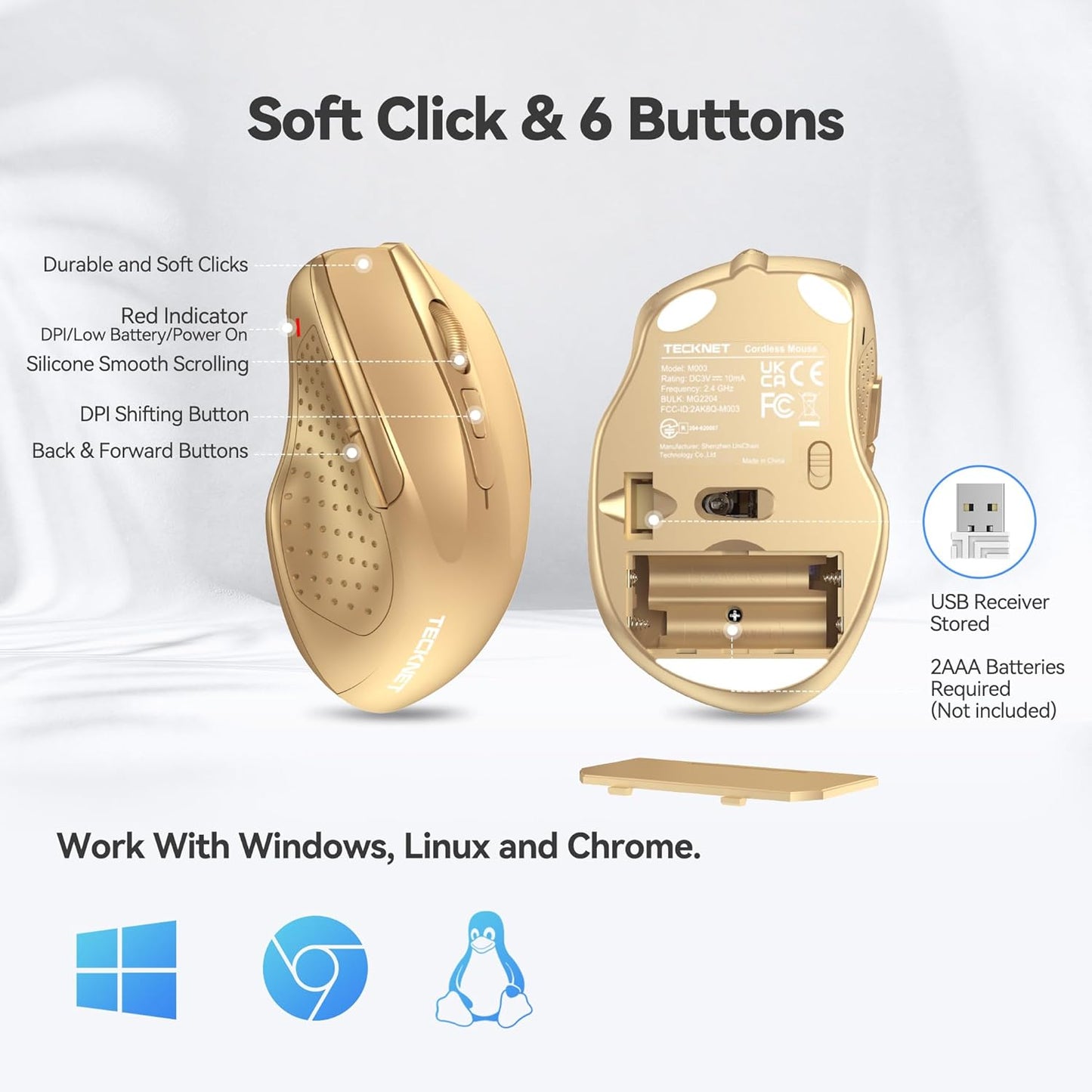 TECKNET Wireless Mouse, 2.4G Ergonomic Optical Mouse, Computer Mouse for Laptop, PC, Computer, Chromebook, Notebook, 6 Buttons, 24 Months Battery Life, 4000 DPI, 6 Adjustment Levels