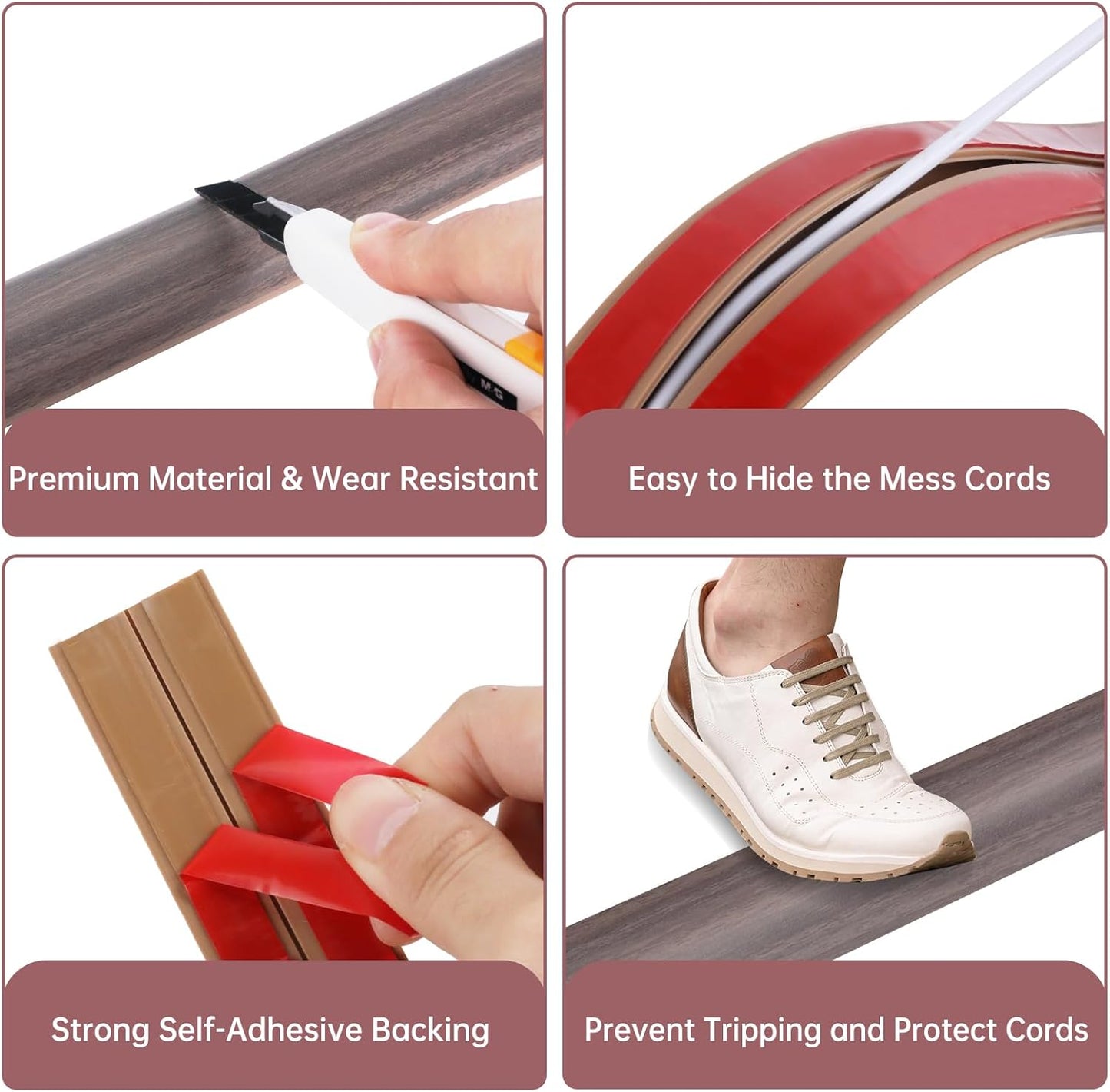 Floor Cord Cover Self Adhesive Cord Hider Floor Extension Cord Covers for Floor Power Cord Protector Cable Management Prevent Cable Trips Cable Cavity 0.51" W x 0.31" H (Brown Walnut Wood, 20Ft)