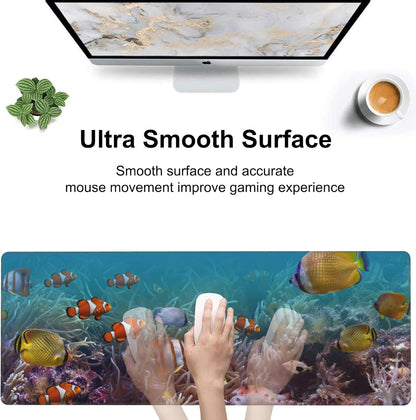 Vibrant Underwater World Desk Mat,Large Tropical Fishes on Coral Reefs Gaming Keyboard Mouse Pad,Non-Slip Rubber Base Desk Pad Thick Stitched Edges Waterproof Mousepad Mouse Mat 31.5"x11.8"