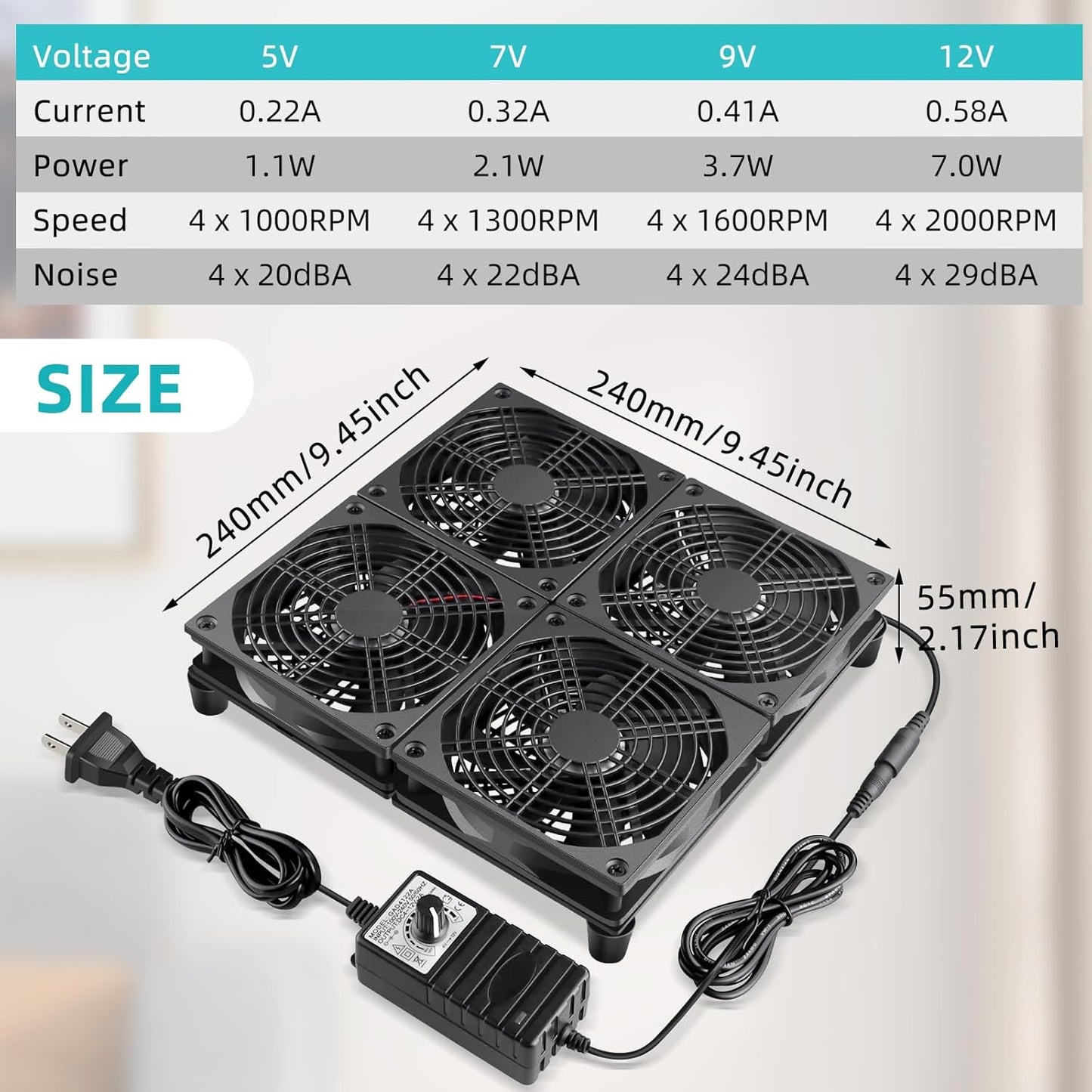 Wathai 120mm x 4 Router TV Box Fan 110v - 240v Big Airflow with Speed Control for DIY Gaming Consoles, Amplifiers, Xbox, Laptop Stand, Mining Machines Devices Cooling