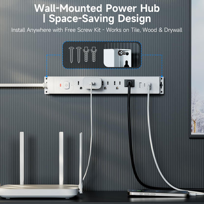 10 Ft Power Strip Surge Protector with USB Ports, Flat Plug Extension Cord, 5 AC Outlets and 3 USB Charging Ports, Wall Mountable, ETL Listed – White for Home, Office, Dorm