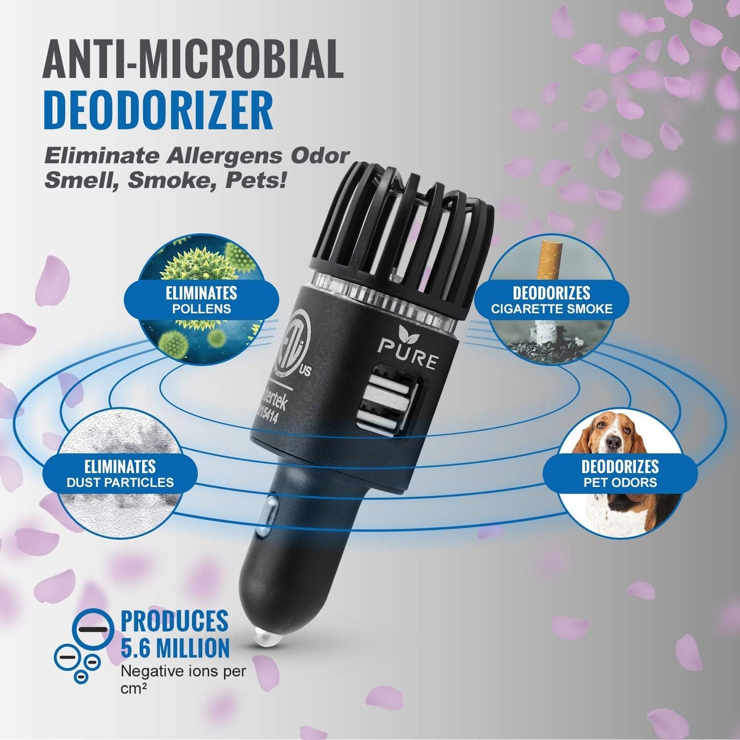 Car Air Purifier ARB Certified 3in1 Premium Stainless Steel Air Filter Ionizer w/Dual USB Ports - Eliminate Allergens Odor Smell, Smoke, Pets, Pollen Mold Bacteria w/Anti-Microbial Deodorizer