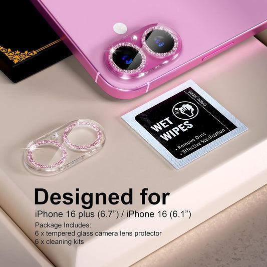 beuxece for 6 Pack iPhone 16 / iPhone 16 Plus Camera Lens Protector [Drop Protection] [Case Friendly] [Easy Installation] 9H Tempered Glass Camera Screen Protector Cover Accessories, Glitter Pink