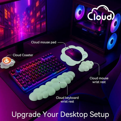 Cloud Wrist Rest for Computer Keyboard, 4-in-1 Memory Foam Leather Cloud Keyboard Wrist Rest and Mouse Pad Set with Ergonomic Support for Arm and Palm Cushion, Gaming/Work Setup, Light Green