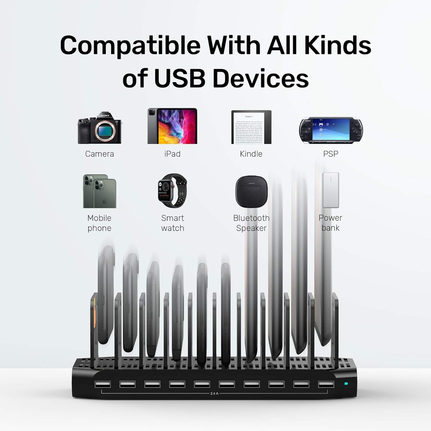 【5PCS】 Unitek USB Charging Station, 10 USB Fast Ports Charge Docking Station and Adjustable Dividers, Multi Device Charger Organizer Compatible with iPad, iPhone, Tablet and Cell Phone - 5PCS, Black