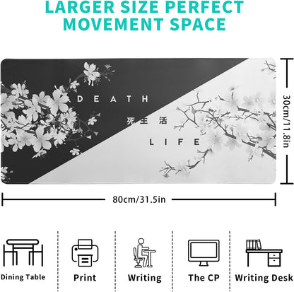 Black and White Mouse Pad 31.5 X 11.8 Inch Japanese Cherry Blossom Extended Large Mouse Mat Non-Slip Rubber Mousepad Stitched Edges Keyboard Mouse Mat Desk Pad for Office Home Game