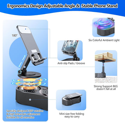 Gifts for Men Women,Cell Phone Stand with Wireless Bluetooth Speaker,Colorful Ambient Light 360° Foldable for Tablet iPhone Android 2 Wireless Microphones HD Surround Sound (Pink)