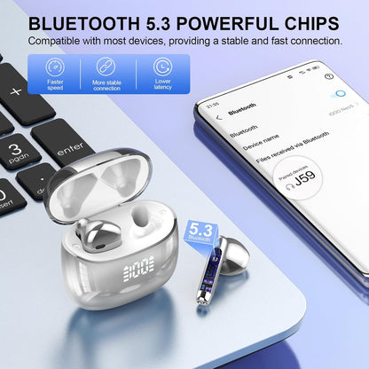 Wireless Earbuds, Bluetooth Headphones 48H Playtime Ear Buds with LED Power Display, IPX7 Waterproof Bluetooth 5.4 Earphones in-Ear Earbuds with 4 Mic for Android iOS Cell Phone Laptop, Silver