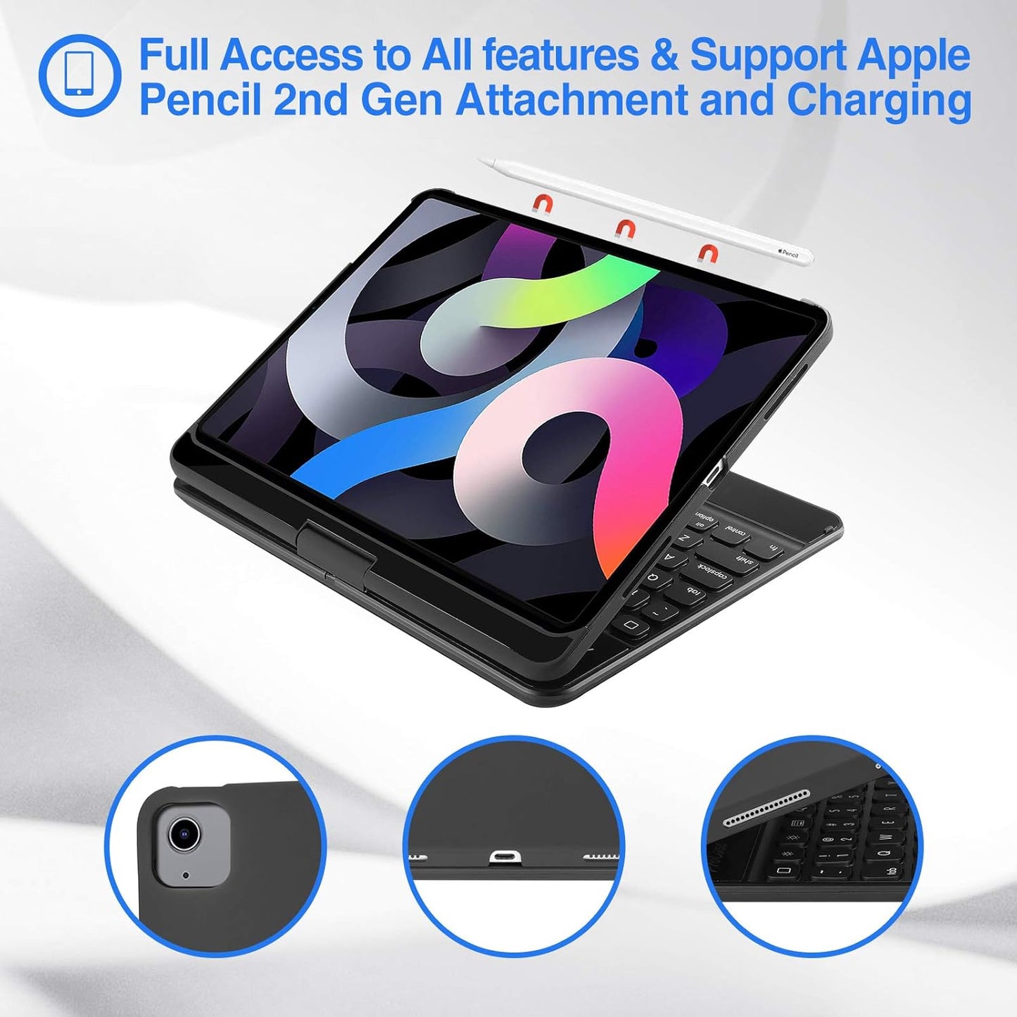 ProCase 360° Rotation Keyboard Case for iPad Air 11" (M3/M2) 2025/2024/Air 5th/4th 10.9" 2022 2020/ iPad Pro 11" 2022 2021 2020 2018, Wireless Keyboard with 7 Colors Backlit, Auto Sleep/Wake -Black