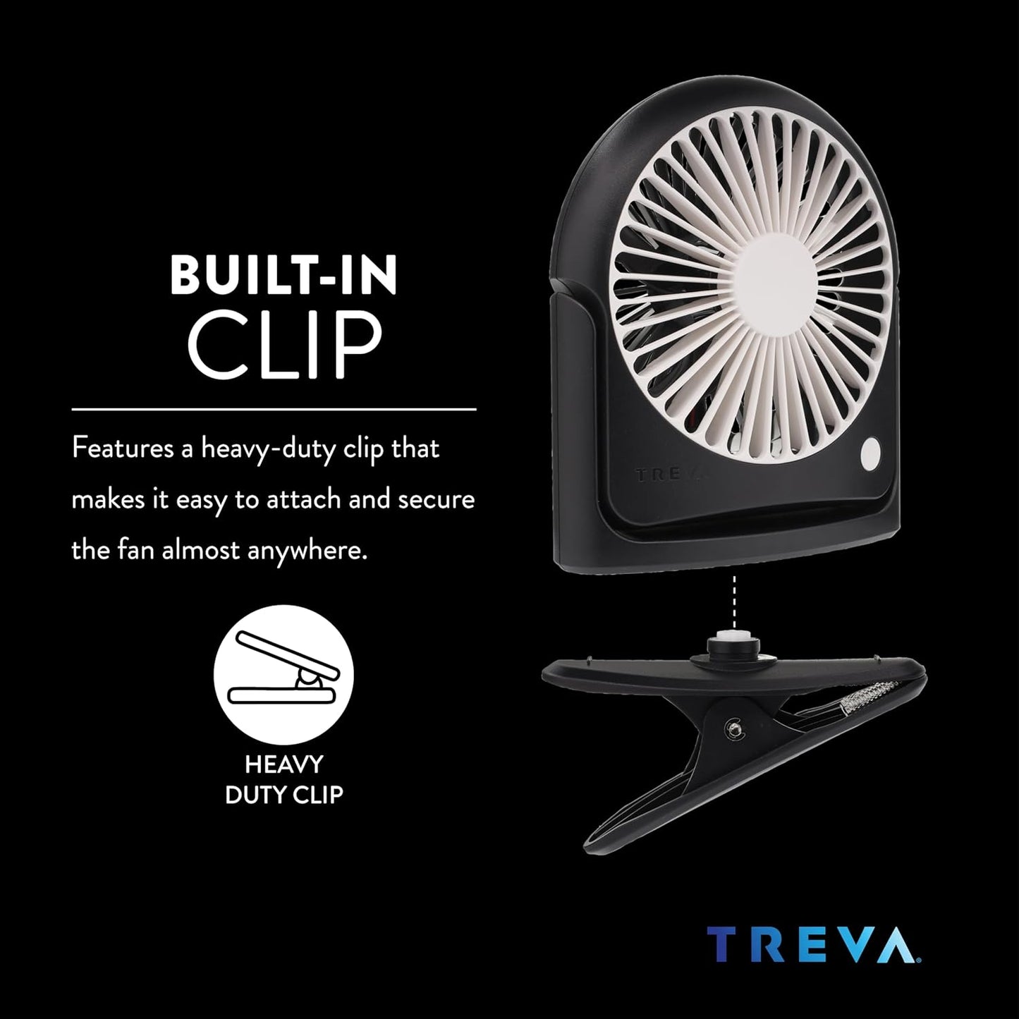 Treva 5 Inch Rechargeable Powered Clip Fan 3 Speed Slim and Portable Indoor and Outdoor Cooling Multi-Directional