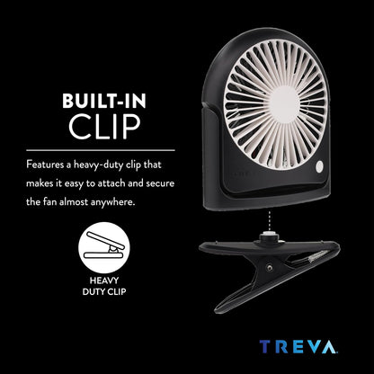 Treva 5 Inch Rechargeable Powered Clip Fan 3 Speed Slim and Portable Indoor and Outdoor Cooling Multi-Directional