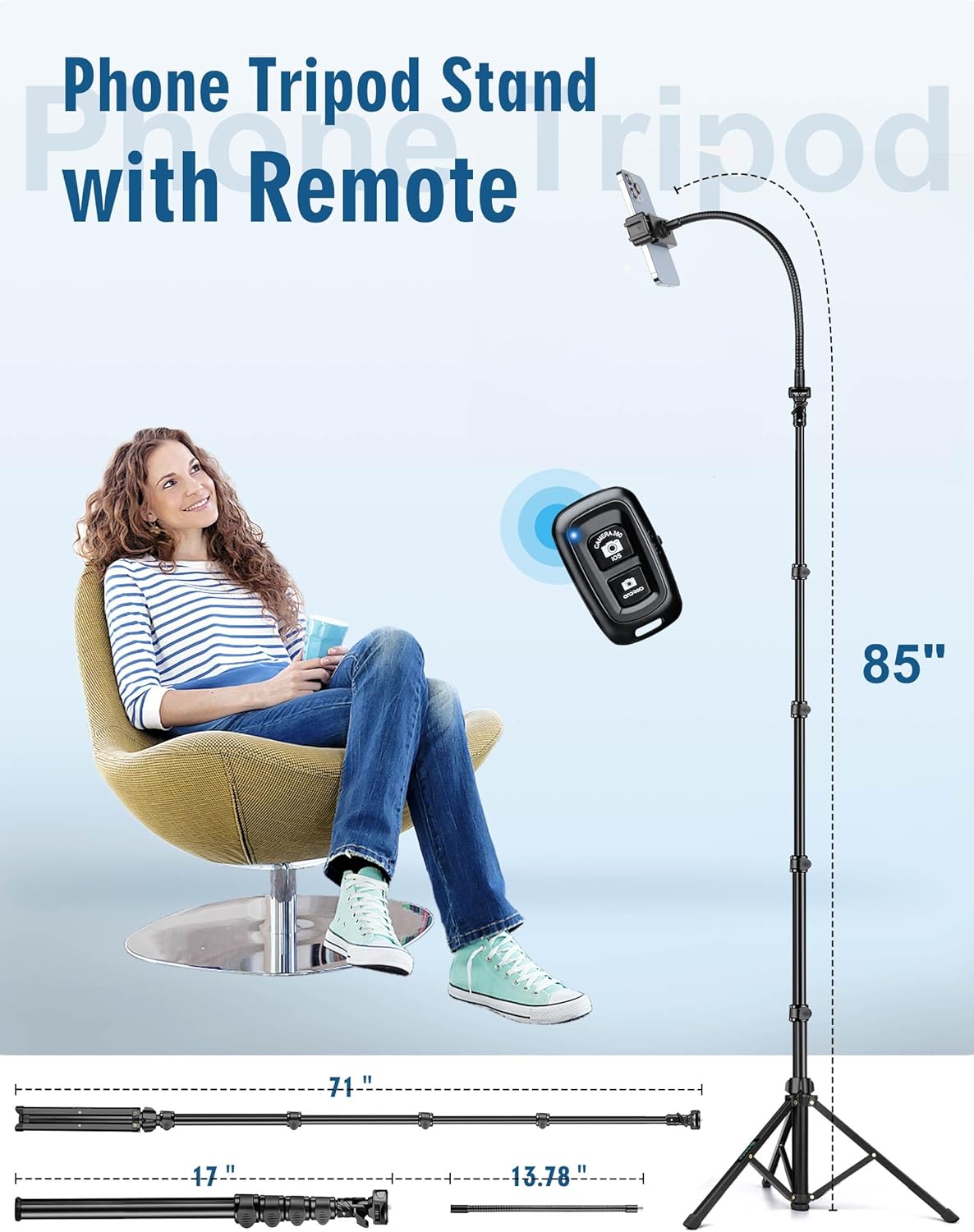 Phone Tripod, 85" Tripod for Cell Phone iPhone with Gooseneck, Aluminum Tripods Stand for Video Recording Photo Vlog, Travel Cellphone Tripod with Remote Compatible with iPhone Android