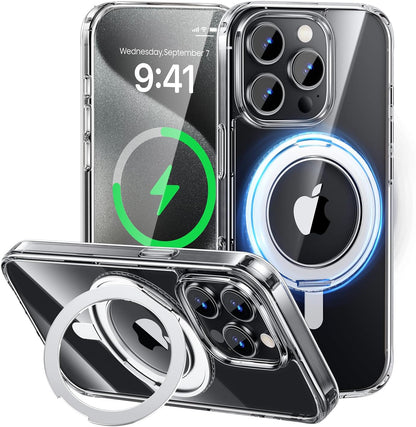 MAGIC JOHN for iPhone 15 Pro Max Case 360° Rotatable Magnetic Invisible Stand, Fit for MagSafe 15 Pro Max Phone Case, 16FT Military Grade Shockproof for iPhone 15 Pro Max Case with Kickstand, Clear