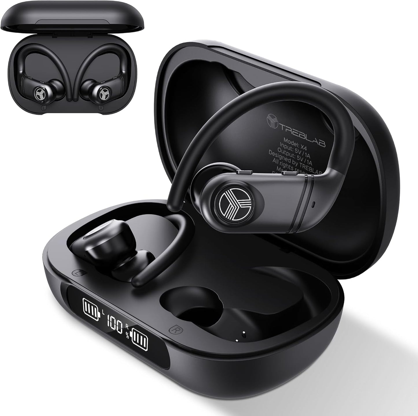 TREBLAB X4 Wireless Earbuds with Earhooks – 253H Battery, ENC Mic, Bluetooth 5.4, USB-C Charging Case, IPX5 Waterproof, Noise Isolating, for Running, Calls, Workouts – Bluetooth Over Ear Ear Buds