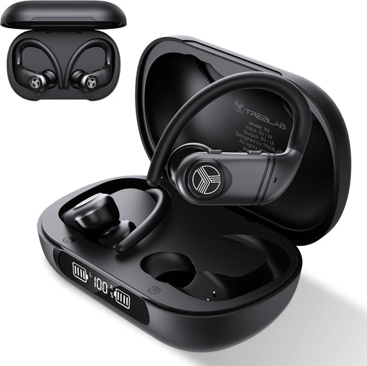 TREBLAB X4 Wireless Earbuds with Earhooks – 253H Battery, ENC Mic, Bluetooth 5.4, USB-C Charging Case, IPX5 Waterproof, Noise Isolating, for Running, Calls, Workouts – Bluetooth Over Ear Ear Buds