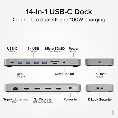 Plugable USB C Laptop Docking Station, Dual Monitor 4K 60Hz for Apple Mac M1/M2/M3/M4, 2X HDMI or 2X DisplayPort, 100W Charging DisplayLink Dock, 2 Displays for MacBook, Driver Required (UD-6950PDH)