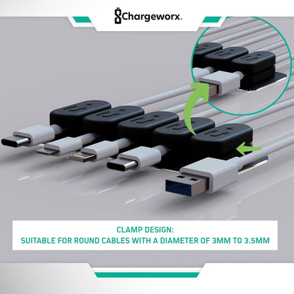 Chargeworx Magnetic Cable Holder for Cable Management – Multipurpose Desktop Cable Management System, 20-PK, Great for USB-C, Lightning, Micro-USB & Other Cables – Sticks to Any Surface (20-PK Black)