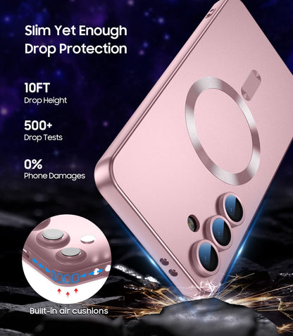 Magnetic for Samsung Galaxy S24 Plus Case [Compatible with MagSafe][Built-in Camera Lens Protector] Slim Soft Silicone Bumper Shockproof Metallic Luster Phone Case (Rose Gold)