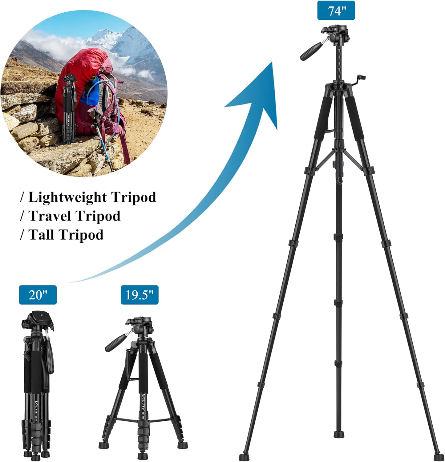 VICTIV 74” Camera Tripod, Tripod for Camera and Phone, Aluminum Professional Tripod Stand for Canon Nikon with Carry Bag and Phone Holder, Compatible with DSLR, iPhone, Spotting Scopes, Max Load 9.5Lb