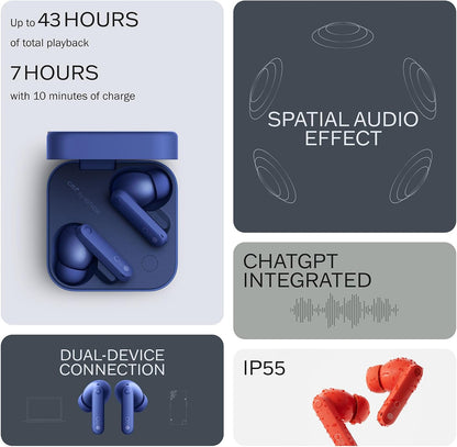 CMF Buds Pro 2 Wireless Earbuds, Hi-Res Audio with LDAC, 50 dB Hybrid Noise Cancelling Earbuds, Ultra Bass Technology, Bluetooth 5.3, 43H Play Time with Charging Case, 6 HD Mics Headphones, Blue