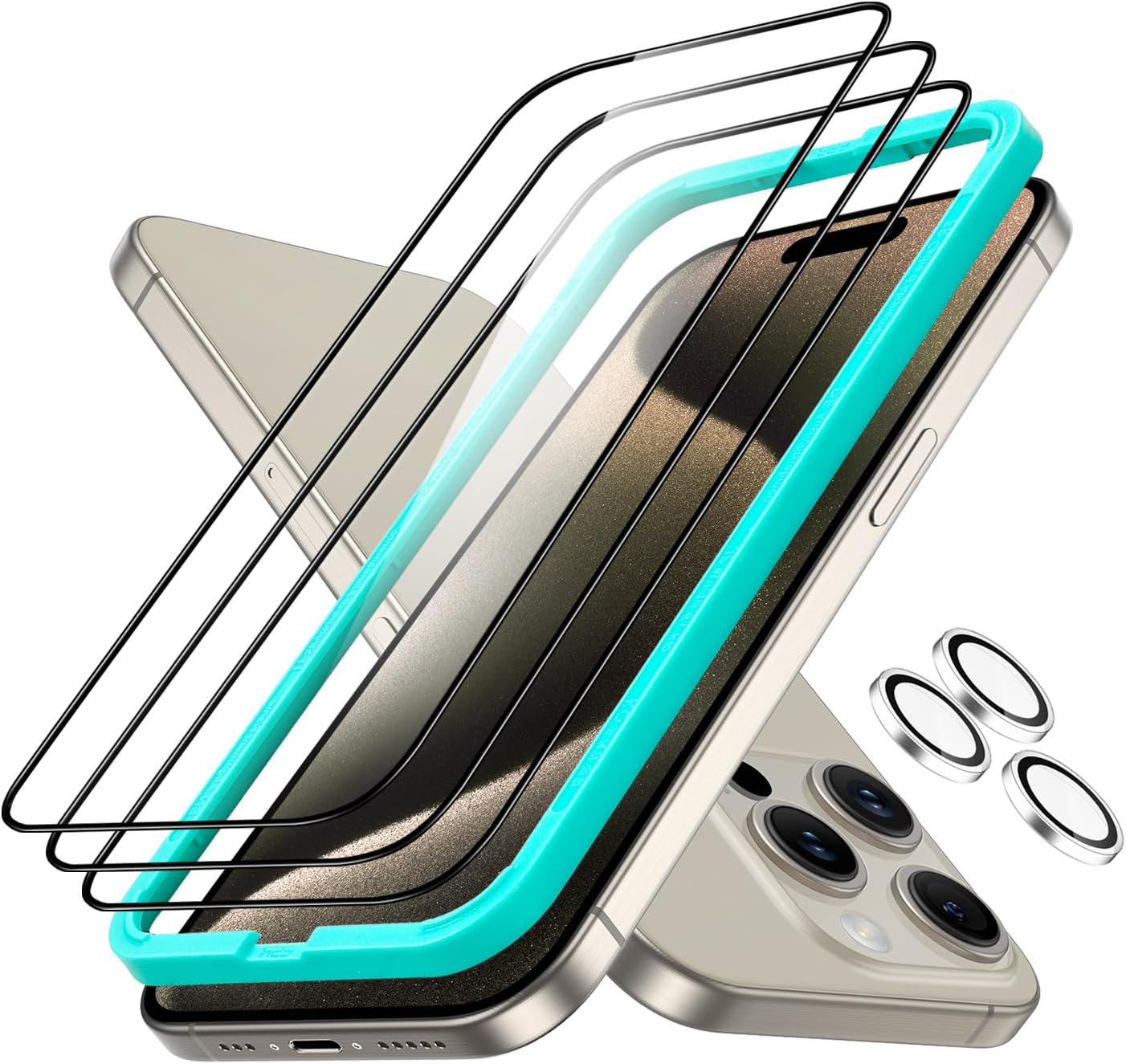 ESR 3+1 Pack for iPhone 15 Pro Max Screen Protector, [9H Hardness] [Military Grade Shatterproof] Full Coverage Ultra-tough Tempered Glass Film, Easy Installation Frame, 1 Set of Camera Lens Protector